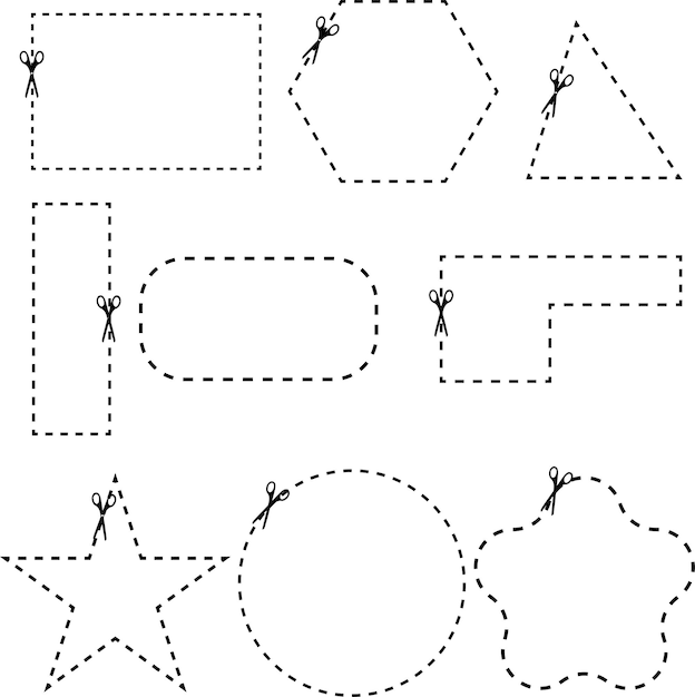 Dotted line set of different shapes with cut lines open scissors