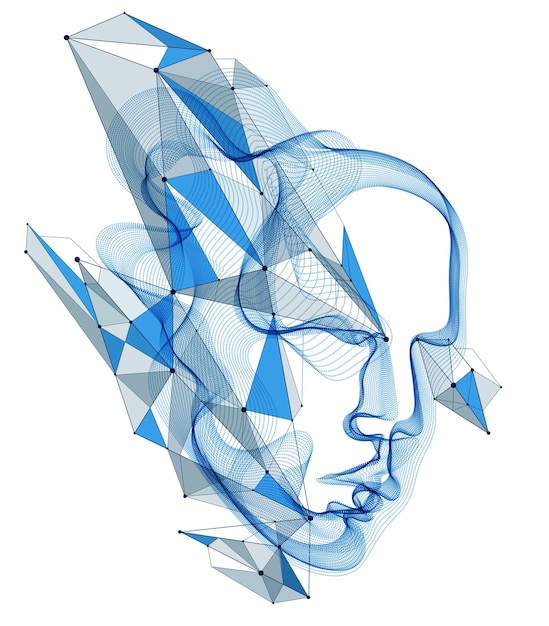 Vector dotted particles human portrait, abstract human head vector wave shapes array, artificial intelligence, pc programming software interface, digital soul.