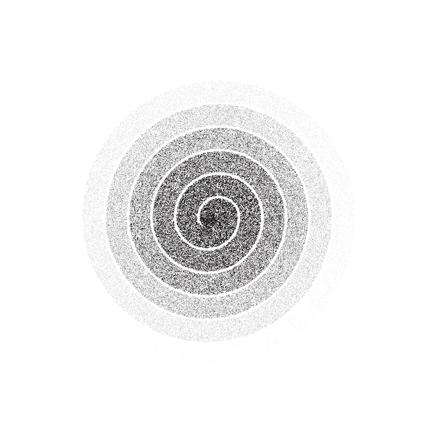 Dotted spiral shape. Stippled thin helix. Sand grain texture swirl or twirl element. Dot work spin