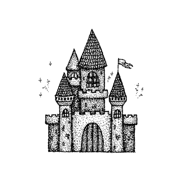 Dotwork Ancient Castle. Vector Illustration of T-shirt Design. Tattoo Hand Drawn Sketch.