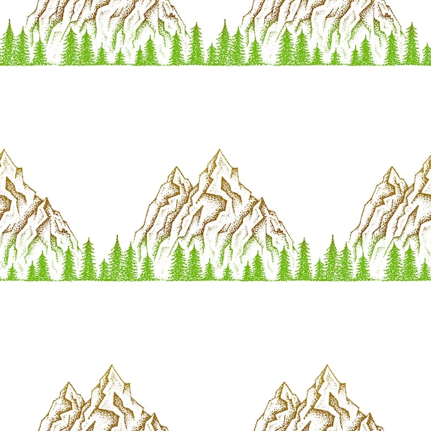 Dotwork Mountain Seamless Pattern. Vector Illustration of Nature Landscape Handdrawn.