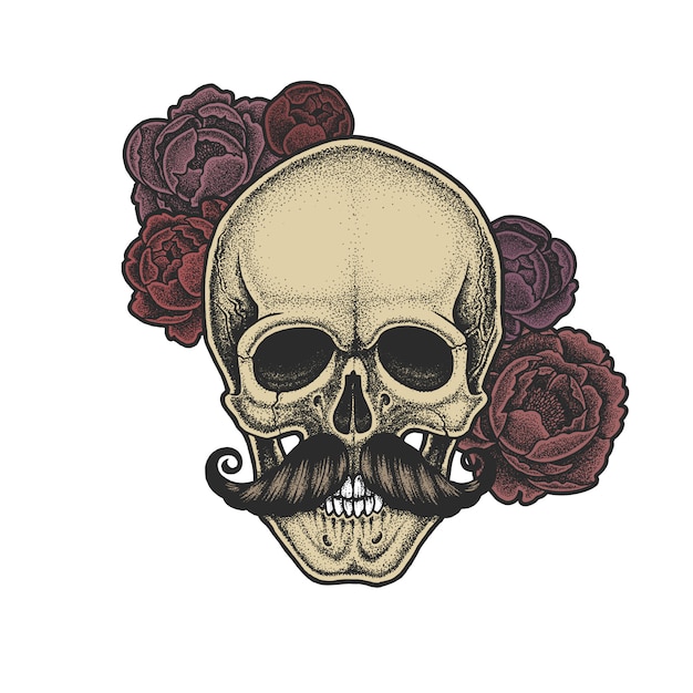 Dotwork styled skull with moustache and peonies. Hand drawn illustration. T-shirt design.	
