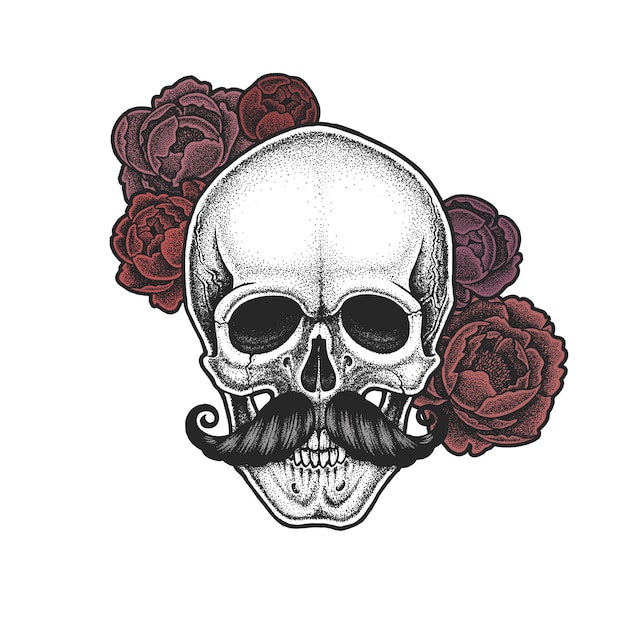 Vector dotwork styled skull with moustache and peonies