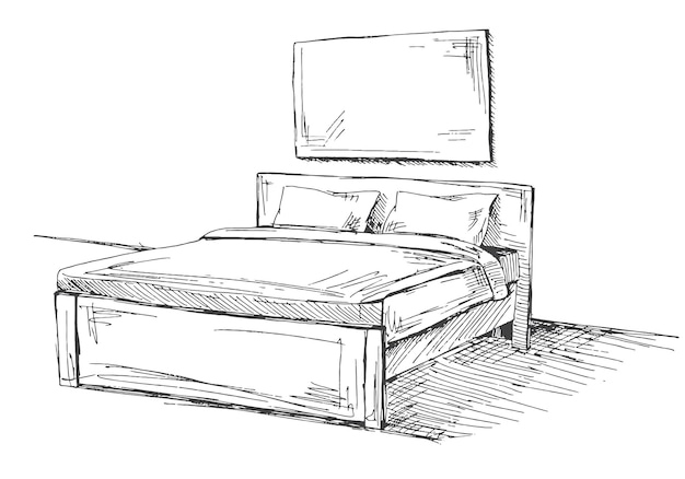 Double bed isolated on white background Vector illustration in sketch style