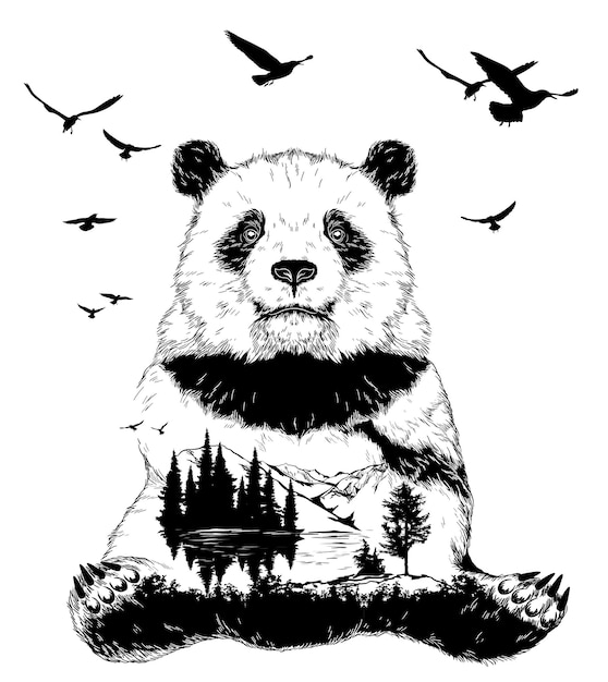 Double exposure panda bear and forest landscape