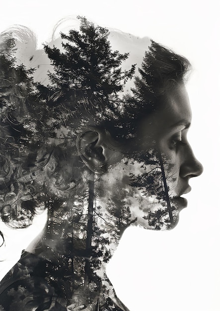 Vector double exposure of a woman head with beautiful nature forest landscape