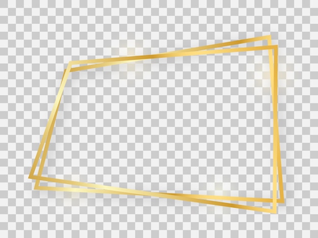 Double gold shiny trapezoid frame with glowing effects and shadows on transparent background. Vector illustration