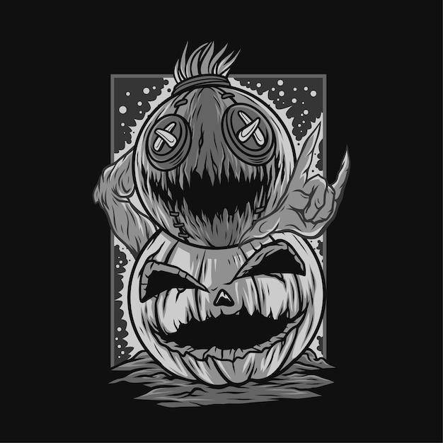 double mask scarecrow halloween black and white illustration