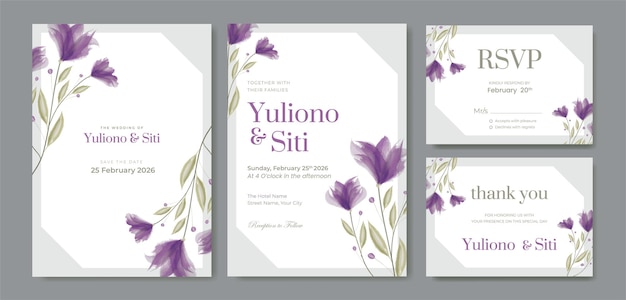 double side beautiful watercolor purple floral wedding invitation template premium vector