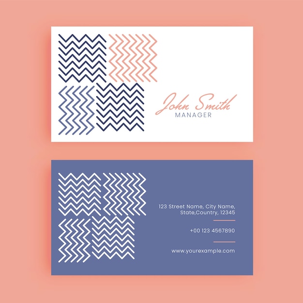 Double-Side Business Card Template With Zigzag Lines In White And Blue Color.