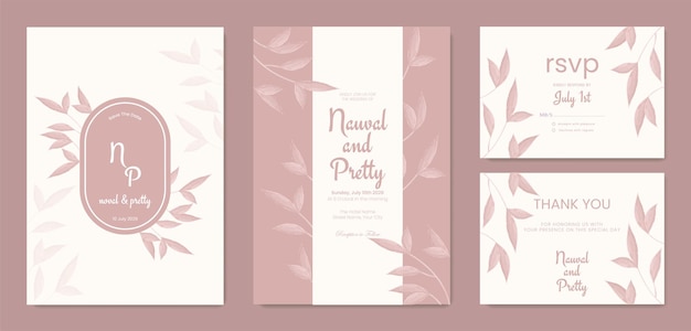 double side wedding invitation with brown leaves watercolor ornament template premium vector