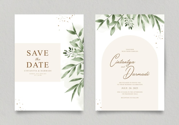 Double sided elegant wedding invitation template with green leaves