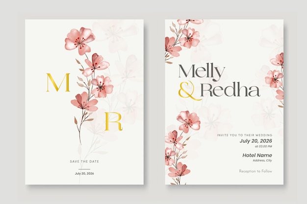 Vector double sided flower invitation template with adorable flower watercolor painting