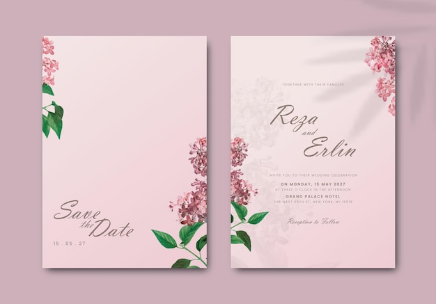 double sided simple wedding invitation with floral premium vector