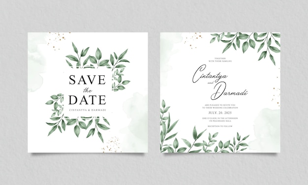 Double sided template wedding invitation with green leaves