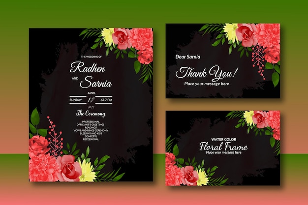 Double sided wedding invitation and floral card with red and yellow flower's watercolor free vector