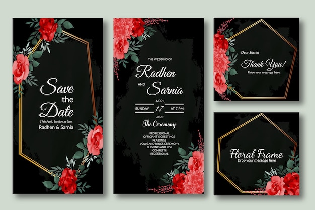 Double sided wedding invitation and floral frame card with red flower's watercolor free vector