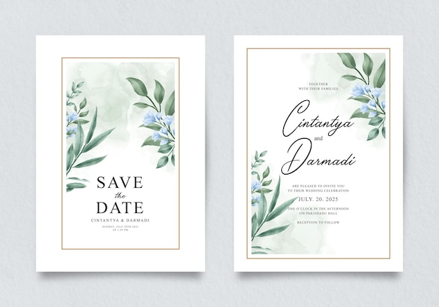 Double sided wedding invitation template set with blue flowers and green leaves