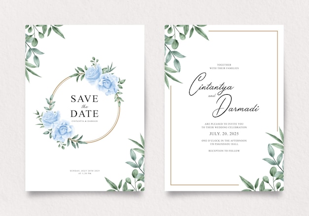 Double sided wedding invitation template with blue roses and leaves