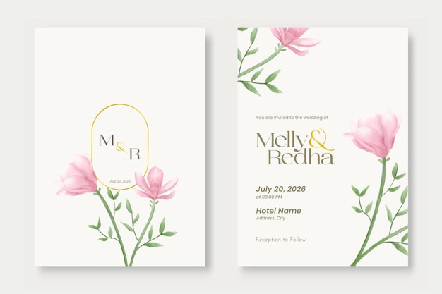 double sided wedding invitation template with flower watercolor