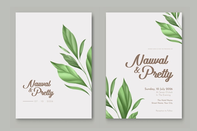 Double sided wedding invitation template with green leaves watercolor digital painting