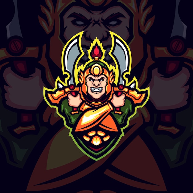 Double Sword Angry Green Chinese Warrior Ancient Dynasty Vector Mascot