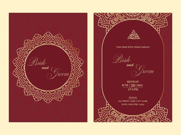 DoubleSide Of Islamic Wedding Invitation Card With Arabic Pattern in Red and Golden Color