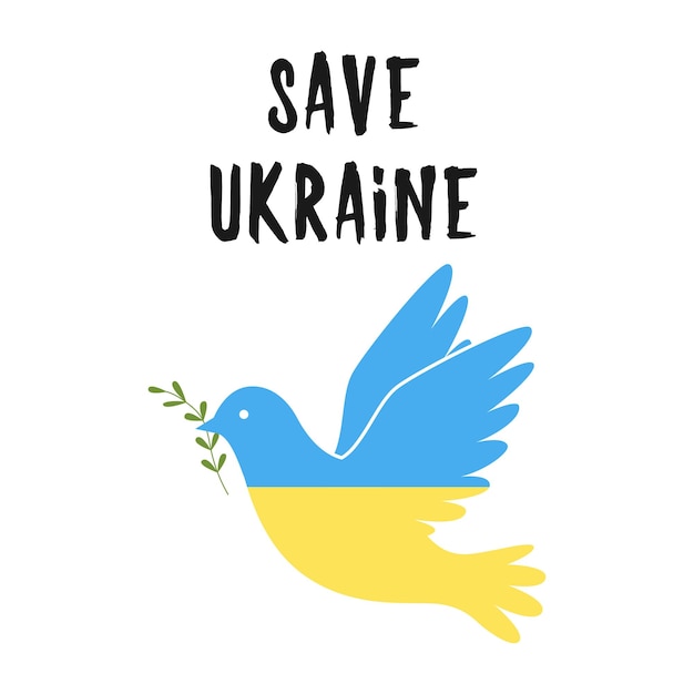 A dove in the colors of Ukrainian flag Symbol of peace Bird holding twig in the beak Save Ukraine Color illustration in a flat style isolated on a white background