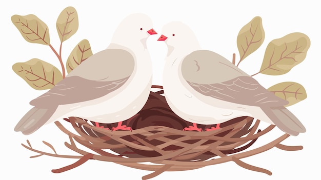 Vector dove couple nest flat vector isolated on white background