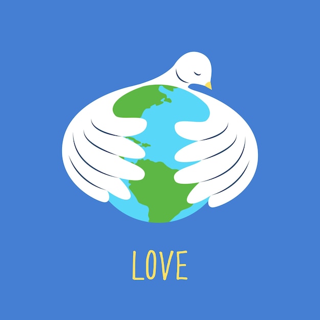 The dove embraces the planet Earth with its wings World Peace Day greeting card