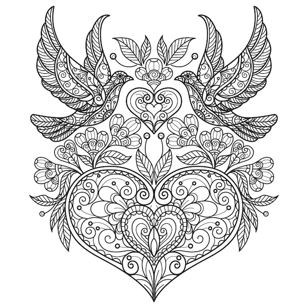 Dove and heart hand drawn for adult coloring book