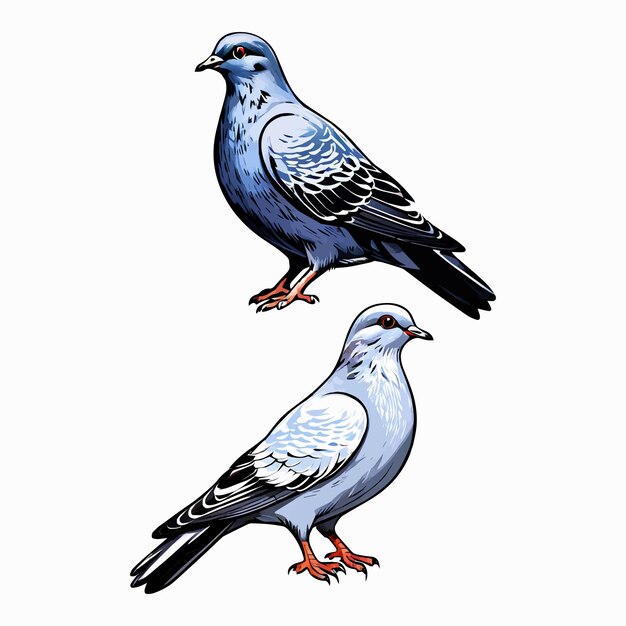 Dove Pair Vector Black and White with Light Blue Accents and Orange Legs on a White Background