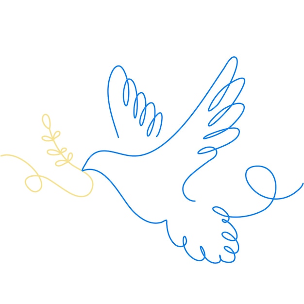 Dove of peace Concept of peace for Ukraine Line art dove and branch in colors of Ukrainian flag