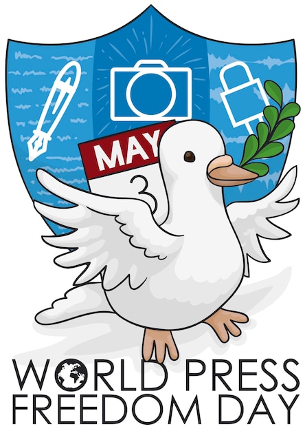 Dove with calendar and shield promoting World Press Freedom Day