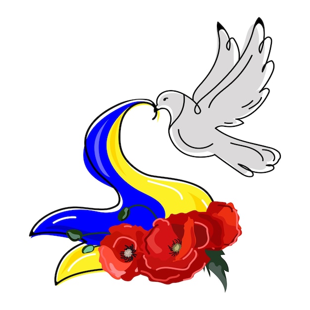 Dove with the flag of Ukraine in its beak and red poppies vector illustration Pigeon birdwith