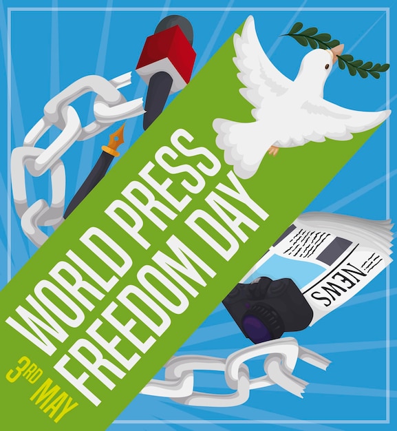 Vector dove with journalist's elements and broken chains to celebrate world press freedom day