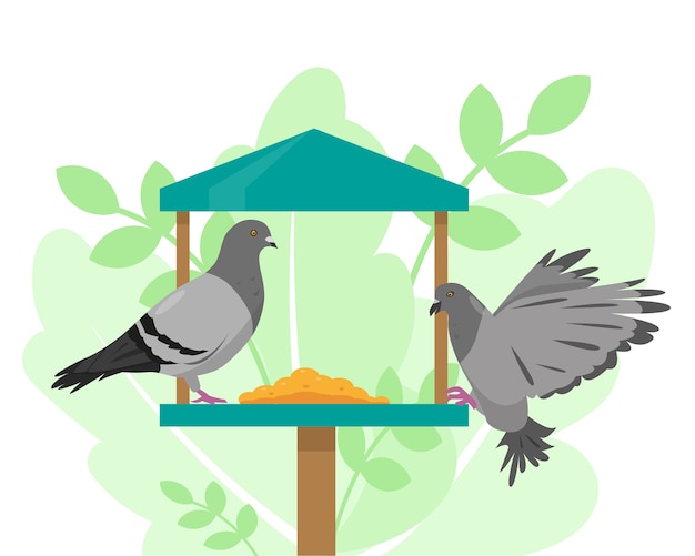 Vector doves on the bird feeder. vector illustration.