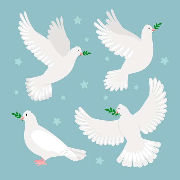 Doves with olive branch. Concept of international day of peace, symbol of christmas or wedding, vector illustration of pigeons of hope isolated on blue background