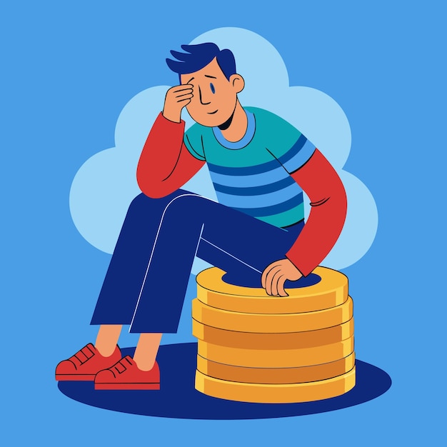 Download A Man Sits Atop A Stack Of Coins Holding His Head In His Hands With A Worried Expression