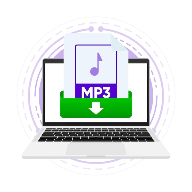 Download MP3 file with label on laptop screen Downloading document concept View read download MP3 file on laptops and mobile devices Vector illustration