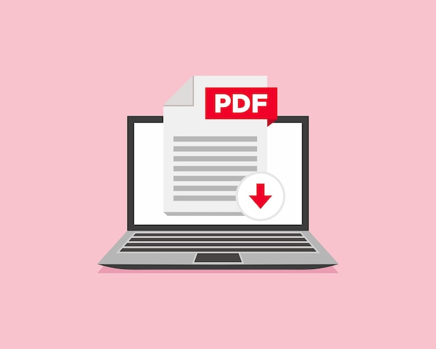 Download PDF icon file with label on laptop screen Downloading document concept