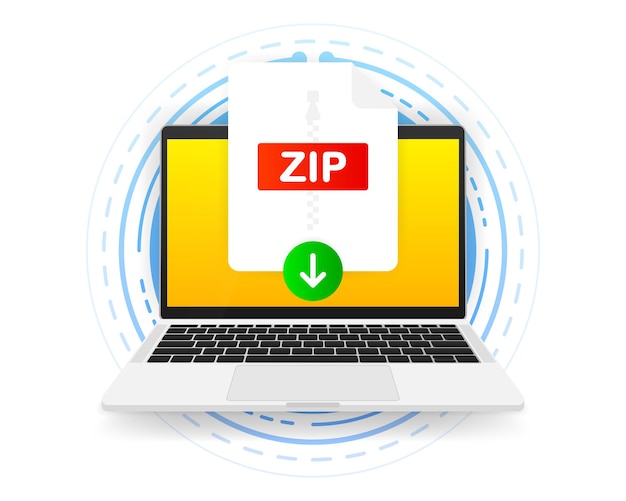 Download ZIP icon file with label on screen computer. Downloading document concept. Vector illustration.