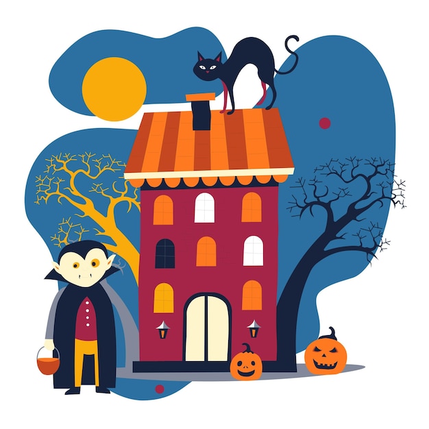 Dracula costume and house halloween holiday black cat and pumpkins