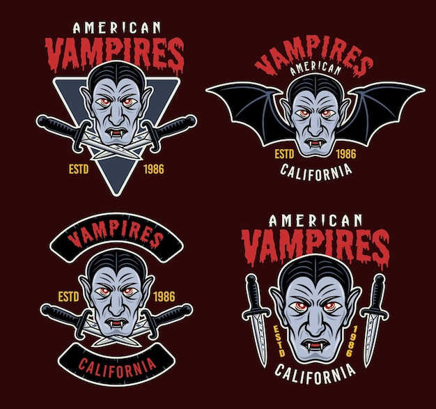 Dracula vampire set of four vector colorful emblems badges labels patches logos or apparel design prints isolated on dark colored background