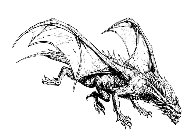 Dragon attacking mystical sketch drawn in doodle style illustration