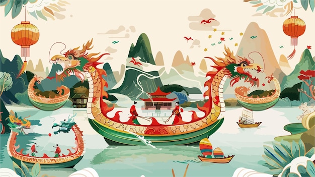 Dragon Boat Festival Design with Dragon Boat Race in Traditional Asian Style