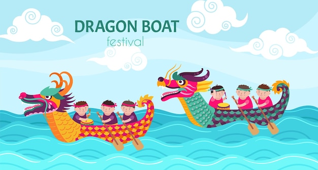 Dragon boat festival Dragons boats cartoon boys chinese boating water race Sport competition happy asian celebration on sea exact vector poster