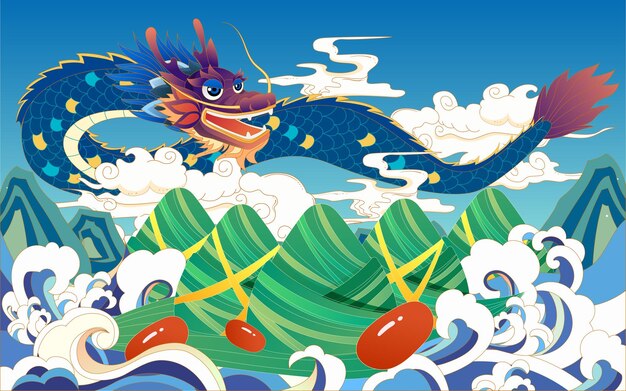 Vector dragon boat festival with rice dumplings in the sea and dragons in the sky vector illustration