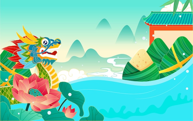 Dragon boat race eating zongzi traditional festival customs vector illustration