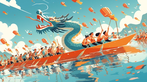 Vector dragon boat teams train for festival races collection